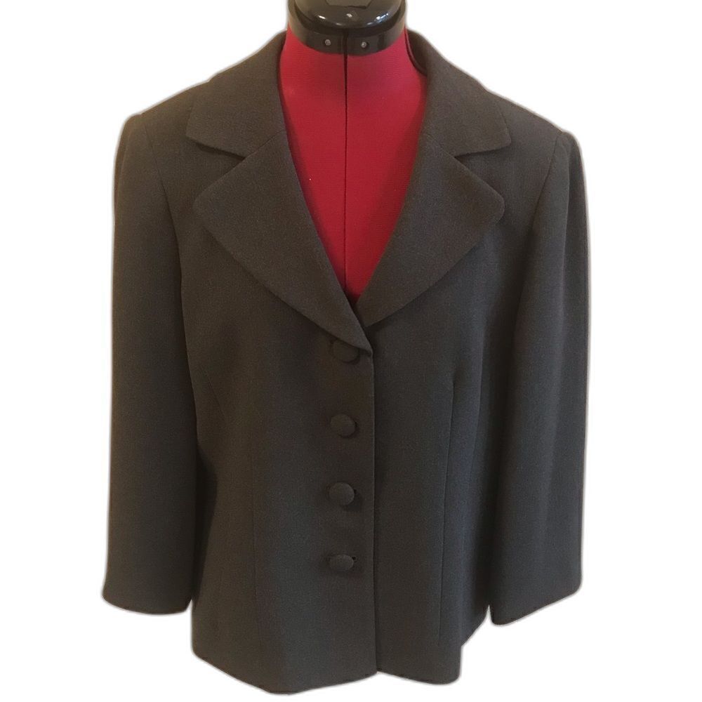 Kate Hill Blazer Women's Size 12 Grey Three-Quarter Length Sleeve Button Classic